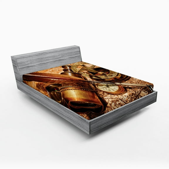 Ambesonne Brown Fitted Sheet, Compass Goose Quill Pen, Queen Size, Orange Brown