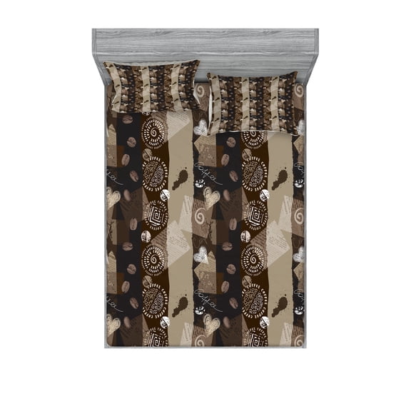 Ambesonne Brown Fitted Sheet & Pillow Sham Set, Coffee Typo Hearts Beans, King, Brown
