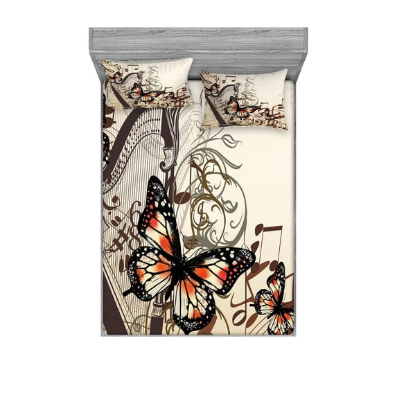 Ambesonne Brown Fitted Sheet & Pillow Sham Set, Harp Ornament Butterfly, King, Cream Orange Black