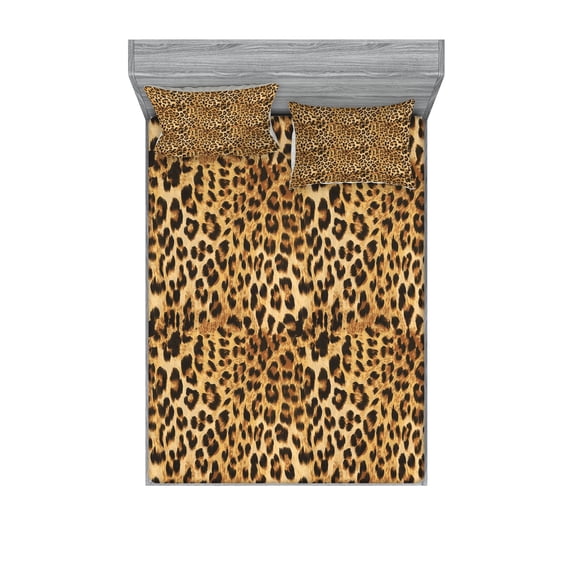 Ambesonne Brown Fitted Sheet & Pillow Sham Set, Leopard Print, Queen, Brown