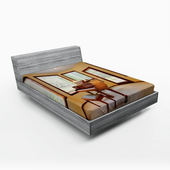 Ambesonne Brown Fitted Sheet, Round Room with Piano, Queen Size, Brown Pale Yellow White