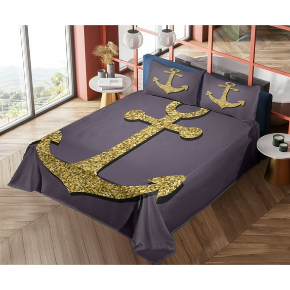 Ambesonne Brown Fitted & Top Sheet Set with Shams, Anchor Pattern Tranquil, Plum Yellow