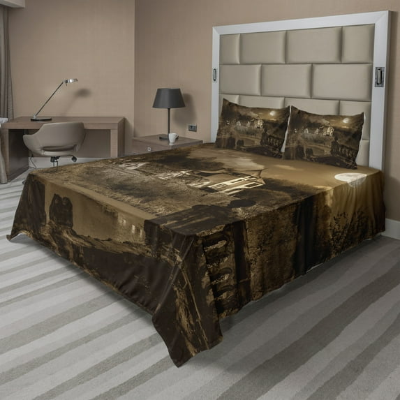 Ambesonne Brown Fitted & Top Sheet Set with Shams, Medieval House, Brown
