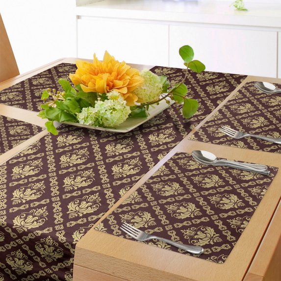 Ambesonne Brown Floral Table Runner & Placemats, Vintage Curves Strokes, Placemat 4 pcs + Runner 14"x90", Brown Pale Camel