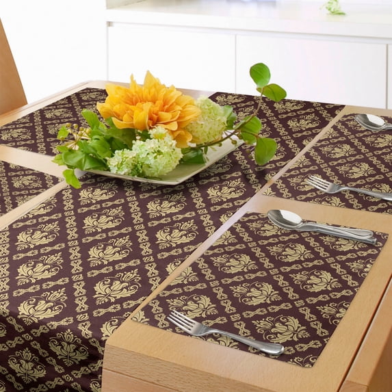 Ambesonne Brown Floral Table Runner & Placemats, Vintage Curves Strokes, Placemat 4 pcs + Runner 16"x90", Brown Pale Camel