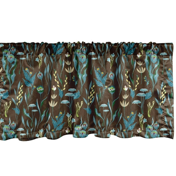 Ambesonne Brown Floral Window Valance, Exotic Flowers Jungle, 54" X 12", Dark Cocoa Sea Blue