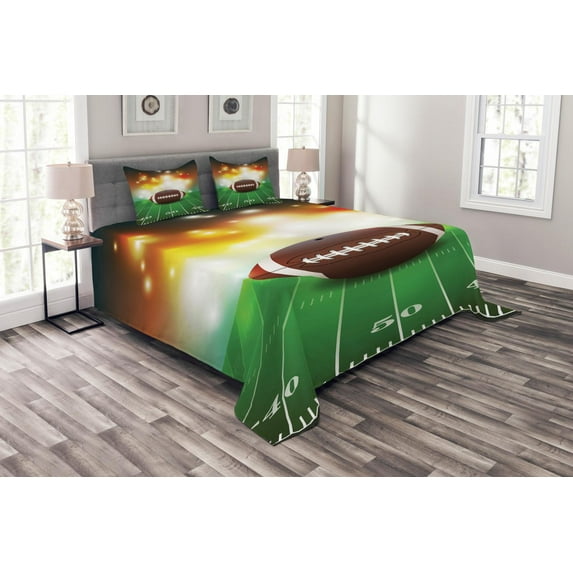 Ambesonne Brown Green Quilted Bedspread Set 3 Pcs, Grass Turf Field Team, King Size, Brown Green