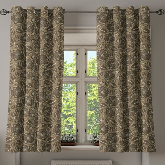 Ambesonne Brown Grommet Curtain, Leaves Flowers Vintage, 50" x 54", Brown Taupe