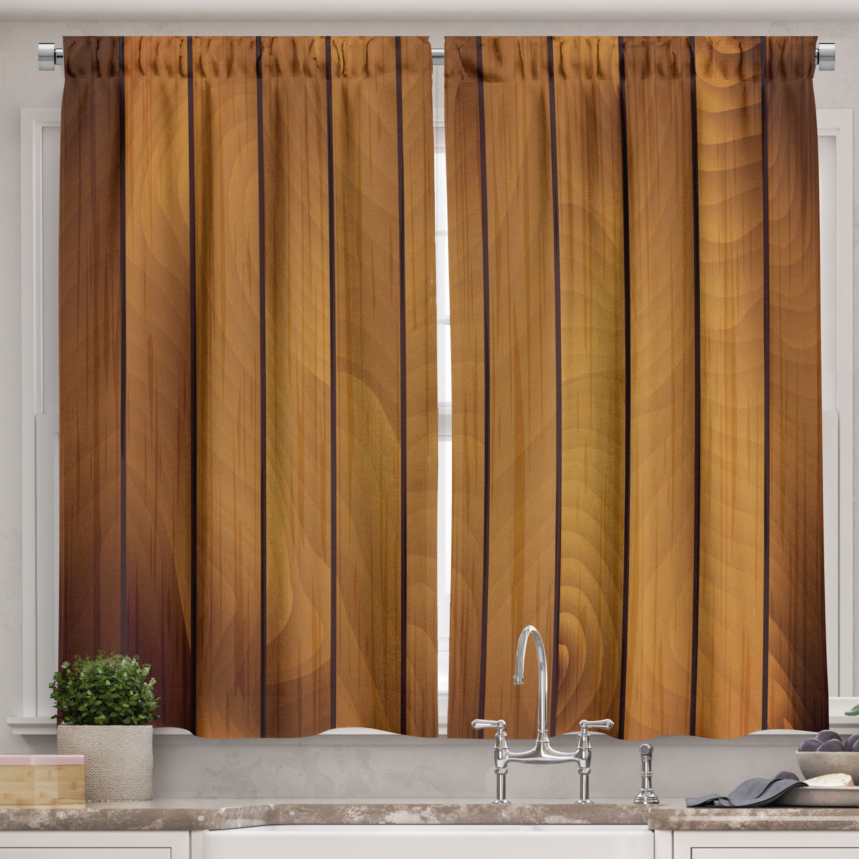 Ambesonne Brown Kitchen Curtains, Wooden Plank Aged Timber, 55"x39