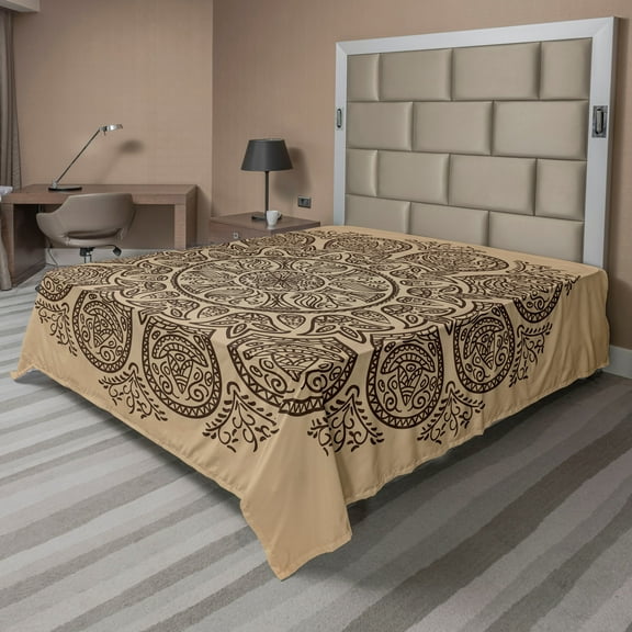 Ambesonne Brown Mandala Flat Sheet, Flower Leaves Stems, California King, Brown Tan