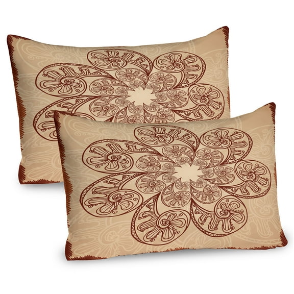 Ambesonne Brown Mandala Pillow Sham 2 Pack, Circles Zentangle, 30"x20", Chestnut Brown and Beige