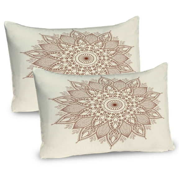 Ambesonne Brown Mandala Pillow Sham 2 Pack, Round Lace, 26"x20", Brown and Ivory