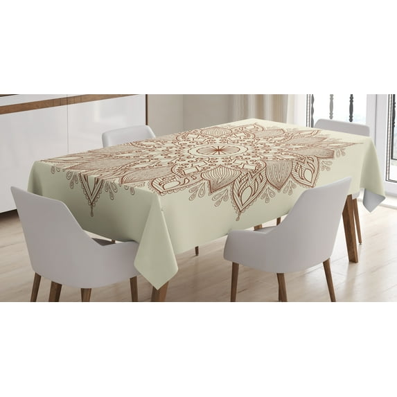 Ambesonne Brown Mandala Tablecloth Rectangular Table Cover, Round Lace, 52"x70", Brown and Ivory
