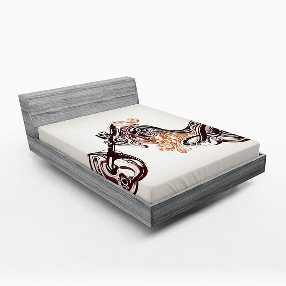 Ambesonne Brown Orange Fitted Sheet, Curvy Floral Bike, Full Size, Warm Taupe Burgundy