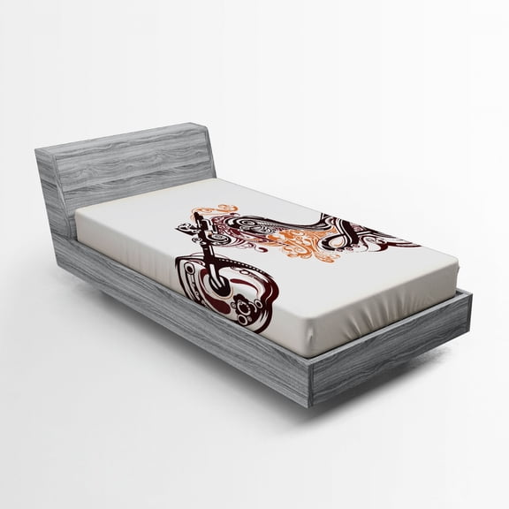 Ambesonne Brown Orange Fitted Sheet, Curvy Floral Bike, Twin XL Size, Warm Taupe Burgundy