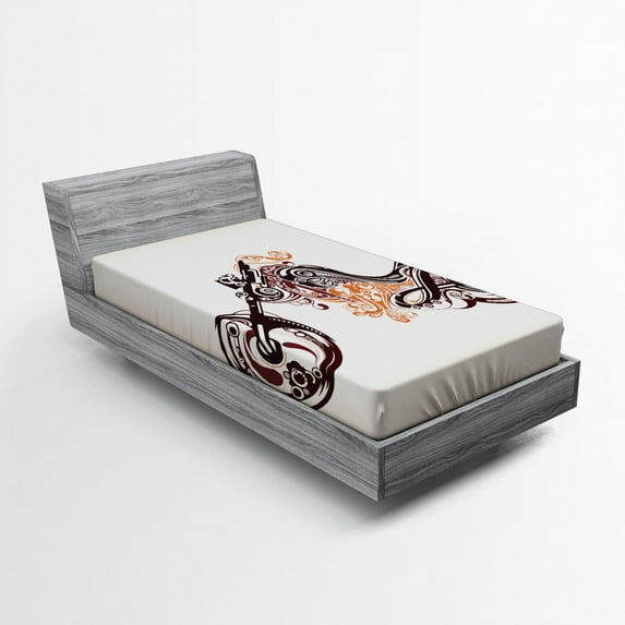 Ambesonne Brown Orange Fitted Sheet, Curvy Floral Bike, Twin XL Size, Warm Taupe Burgundy