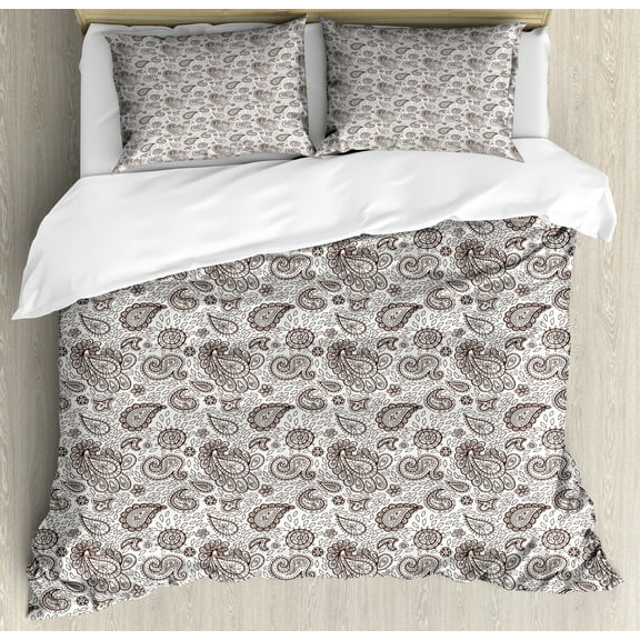 Ambesonne Brown Paisley Duvet Cover Set, Tribal Flower Damask, 2-Calking, Brown and White