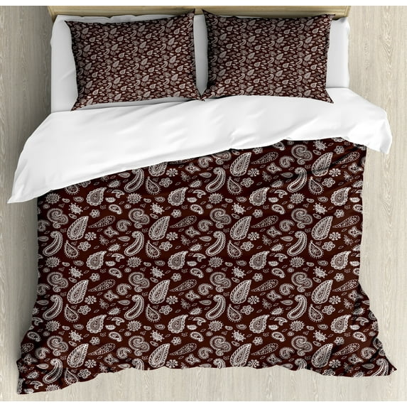 Ambesonne Brown Paisley Duvet Cover Sets, Damask Flowers Motif, 2-Queen, Brown and White