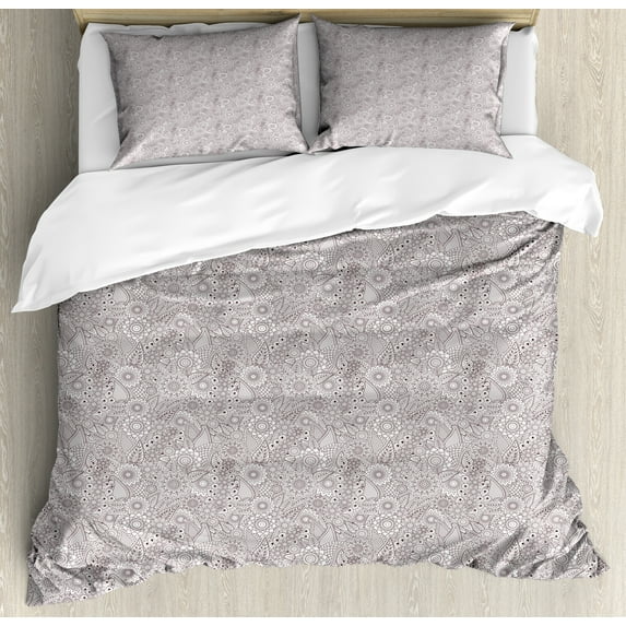 Ambesonne Brown Paisley Duvet Cover Sets, Flower Sketch Details, 2-King, Dark Mauve and White