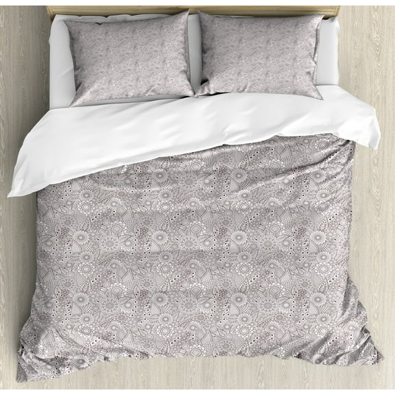 Ambesonne Brown Paisley Duvet Cover Sets, Flower Sketch Details, 2-Queen, Dark Mauve and White