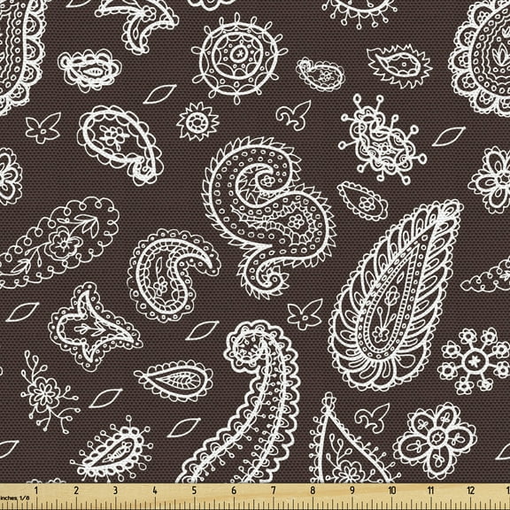 Ambesonne Brown Paisley Fabric by the Yard Upholstery, Damask Flowers Motif, 5 Yards, Brown and White