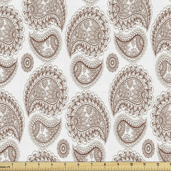 Ambesonne Brown Paisley Fabric by the Yard Upholstery, Vintage Fashion Folk, 3 Yards, Pale Chocolate and White