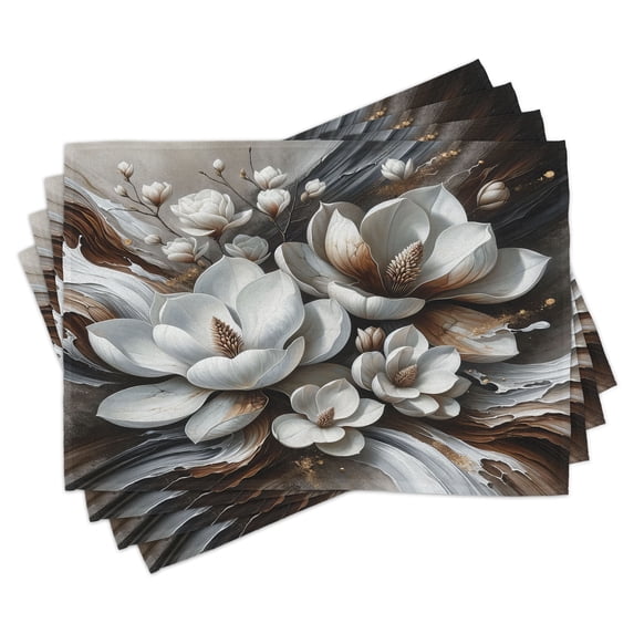 Ambesonne Brown Place Mats Set of 4, Magnolia on Watercolor Hues, Standard Size, White Dark Grey and Chocolate