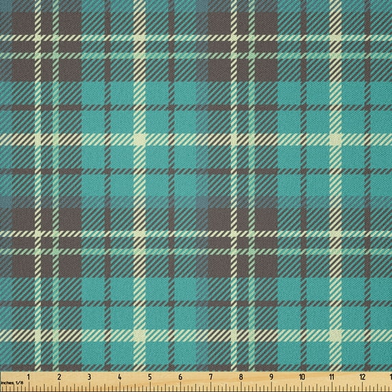 Ambesonne Brown Plaid Fabric by the Yard Microfiber, Plaid Form with Stripes, 10 Yards, Cream Taupe Dark Seafoam