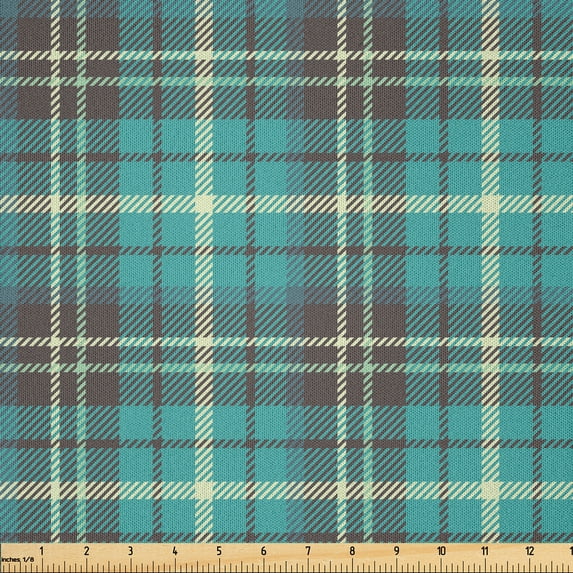 Ambesonne Brown Plaid Fabric by the Yard Microfiber, Plaid Form with Stripes, 2 Yards, Cream Taupe Dark Seafoam