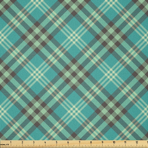 Ambesonne Brown Plaid Fabric by the Yard Microfiber, Scottish and Symmetry, 1 Yard, Almond Green Umber