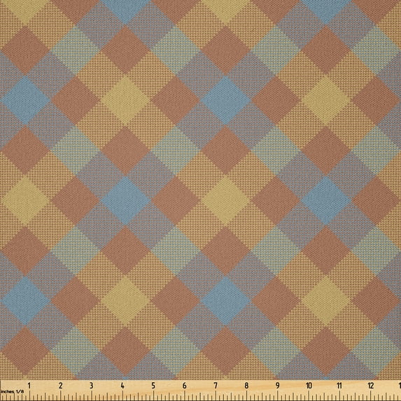Ambesonne Brown Plaid Fabric by the Yard Microfiber, Squares Overlapping, 2 Yards, Blue Grey Pale Caramel