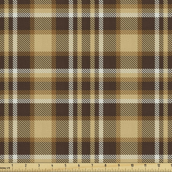 Ambesonne Brown Plaid Fabric by the Yard Upholstery, Country Style Tartan, 1 Yard, Almond and Dark Rosewood