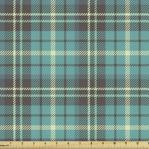 Ambesonne Brown Plaid Fabric by the Yard Upholstery, Plaid Form with Stripes, 3 Yards, Cream Taupe Dark Seafoam