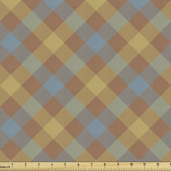 Ambesonne Brown Plaid Fabric by the Yard Upholstery, Squares Overlapping, 1 Yard, Blue Grey Pale Caramel