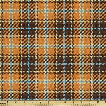 Ambesonne Brown Plaid Fabric by the Yard Upholstery, Tartan in Earth Tones, 10 Yards, Orange Brown and Sky Blue