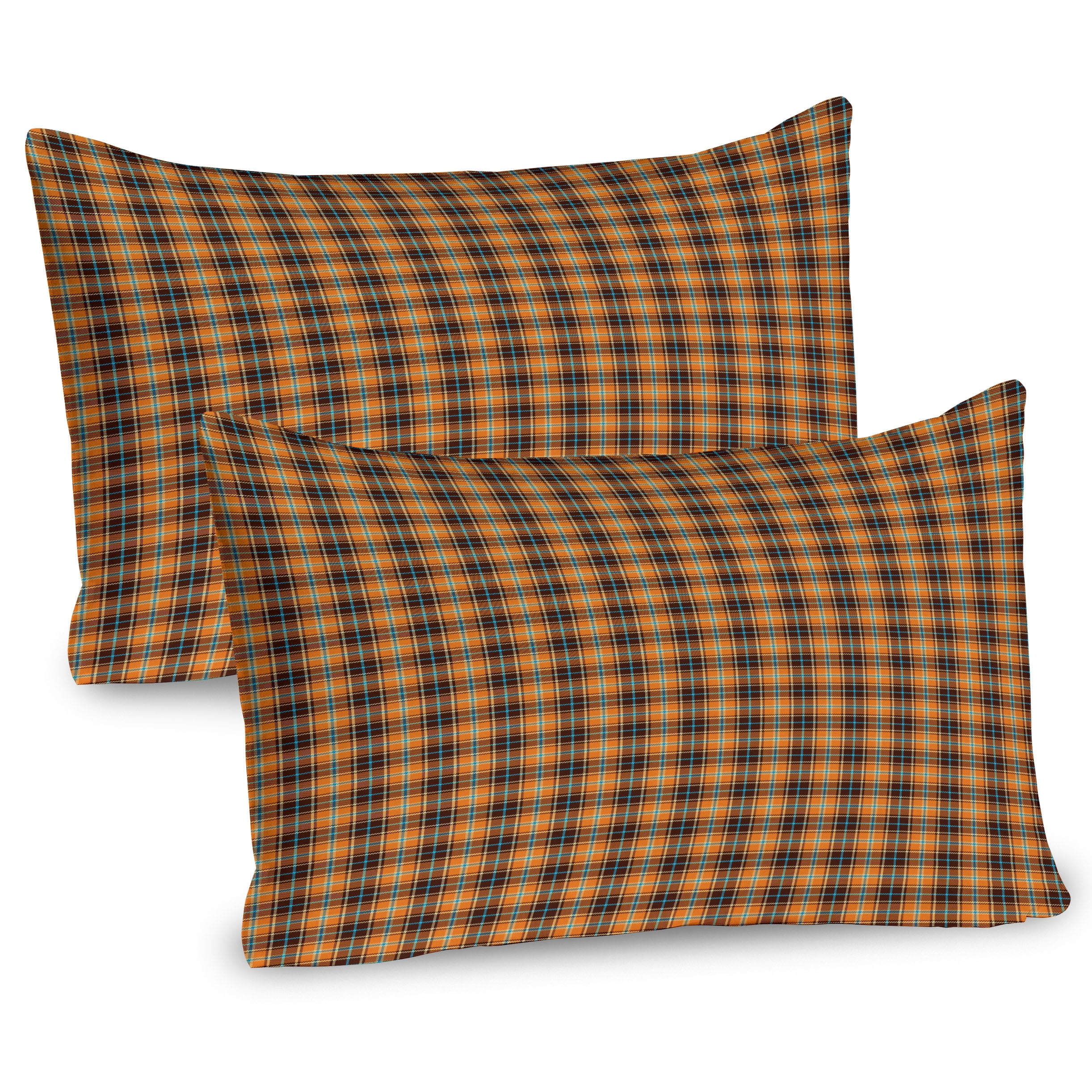Orange Brown and Sky Blue Plaid Microfiber Pillow Shams, 2 Pack