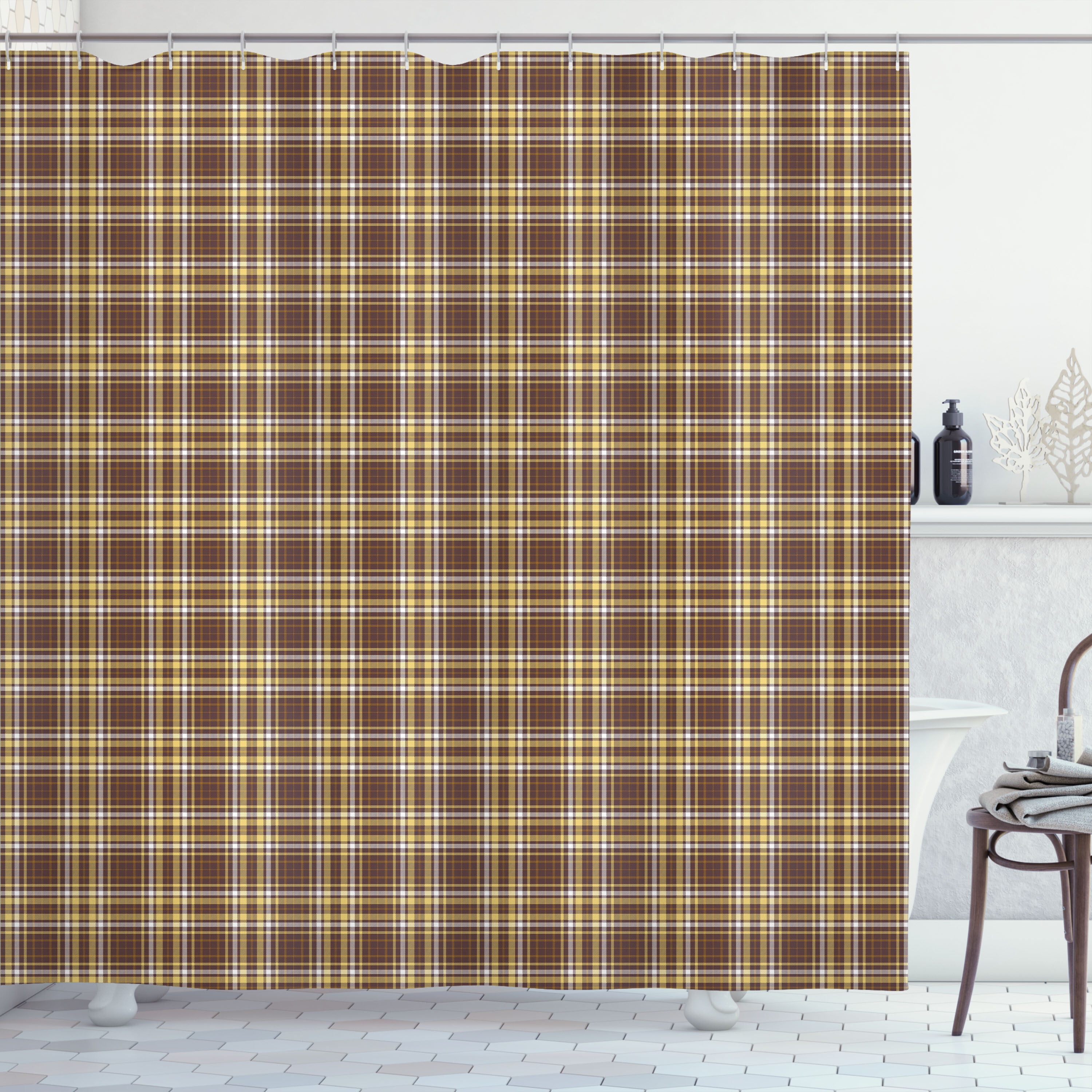 Pale Chocolate and Mustard Plaid Fabric Shower Curtain