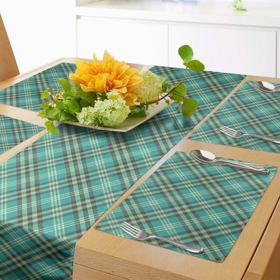 Ambesonne Brown Plaid Table Runner & Placemats, Scottish and Symmetry, Placemat 4 pcs + Runner 14"x72", Almond Green Umber