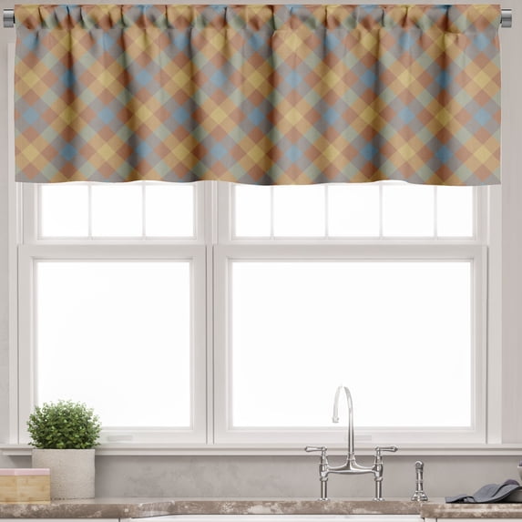 Ambesonne Brown Plaid Valance Pack of 2, Squares Overlapping, 54"X12", Blue Grey Pale Caramel