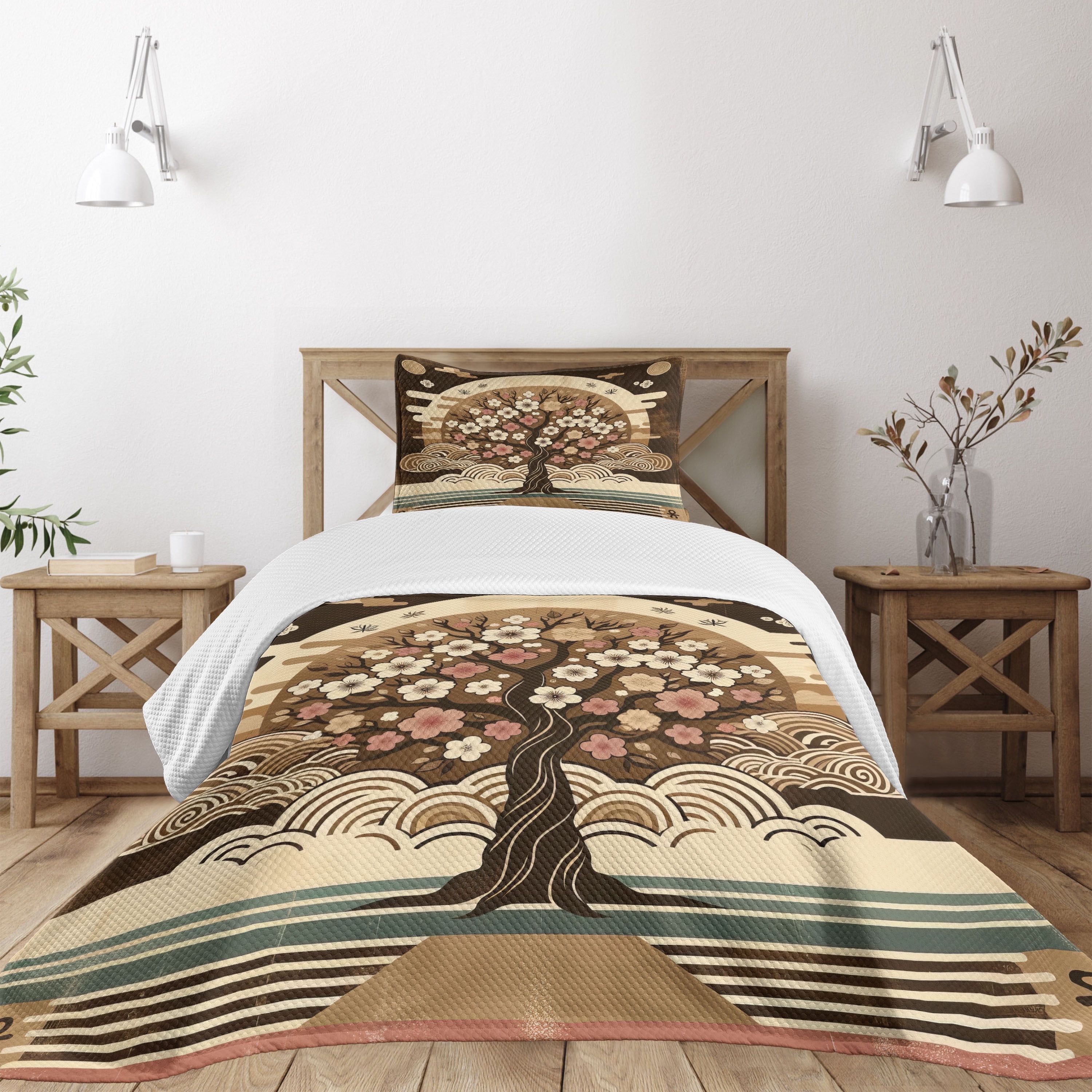 Ambesonne Brown Quilted Bedspread Set 2 Pcs, Asian Tree Culture Earthy