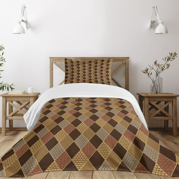 Ambesonne Brown Quilted Bedspread Set 2 Pcs, Classic Lozenge Pattern, Twin Size, Pale Brown Cinnamon