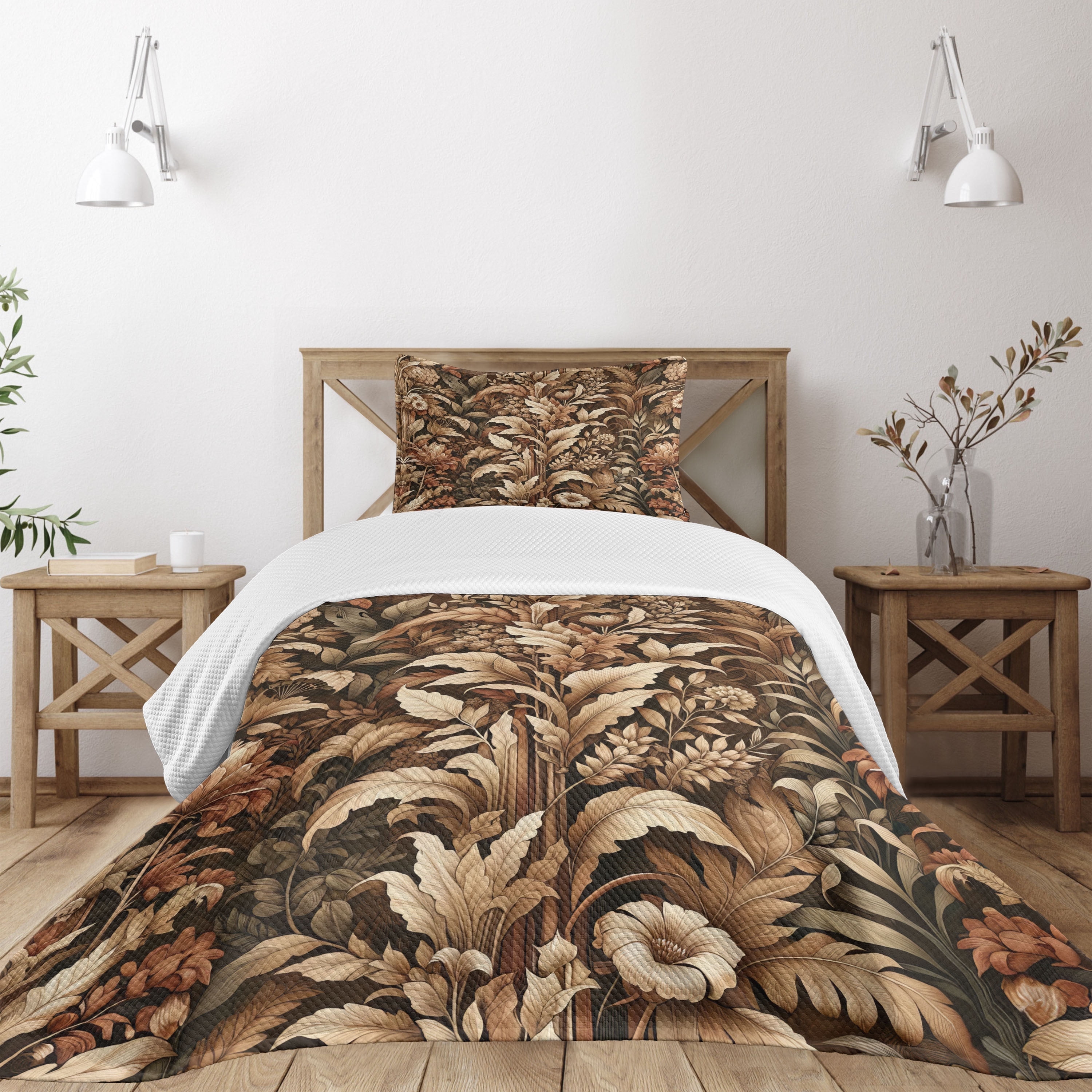 Ambesonne Ambesonne Brown Bedspread Set Earthy Colors Fall Flourishes Dark Sepia Pale Redwood