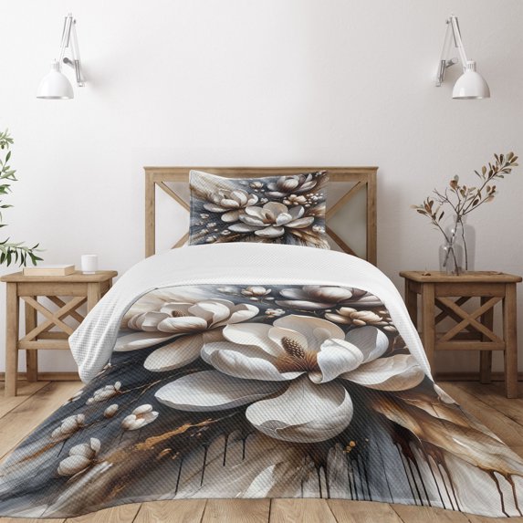 Ambesonne Brown Quilted Bedspread Set 2 Pcs, Magnolia Petals Grunge Back, Twin Size, Umber and Blue Grey
