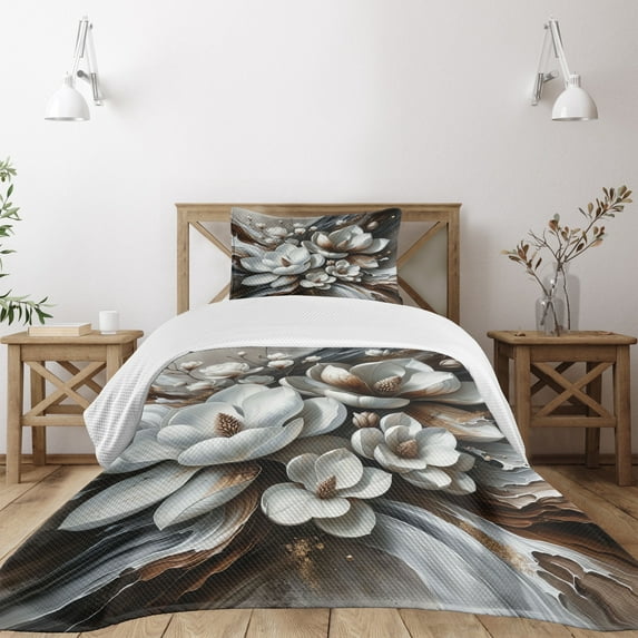 Ambesonne Brown Quilted Bedspread Set 2 Pcs, Magnolia on Watercolor Hues, Twin Size, White Dark Grey and Chocolate