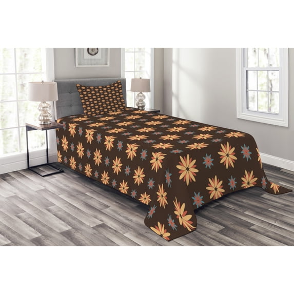 Ambesonne Brown Quilted Bedspread Set 2 Pcs, Summer Time Orange Flower, Twin Size, Dark Brown Vermilion