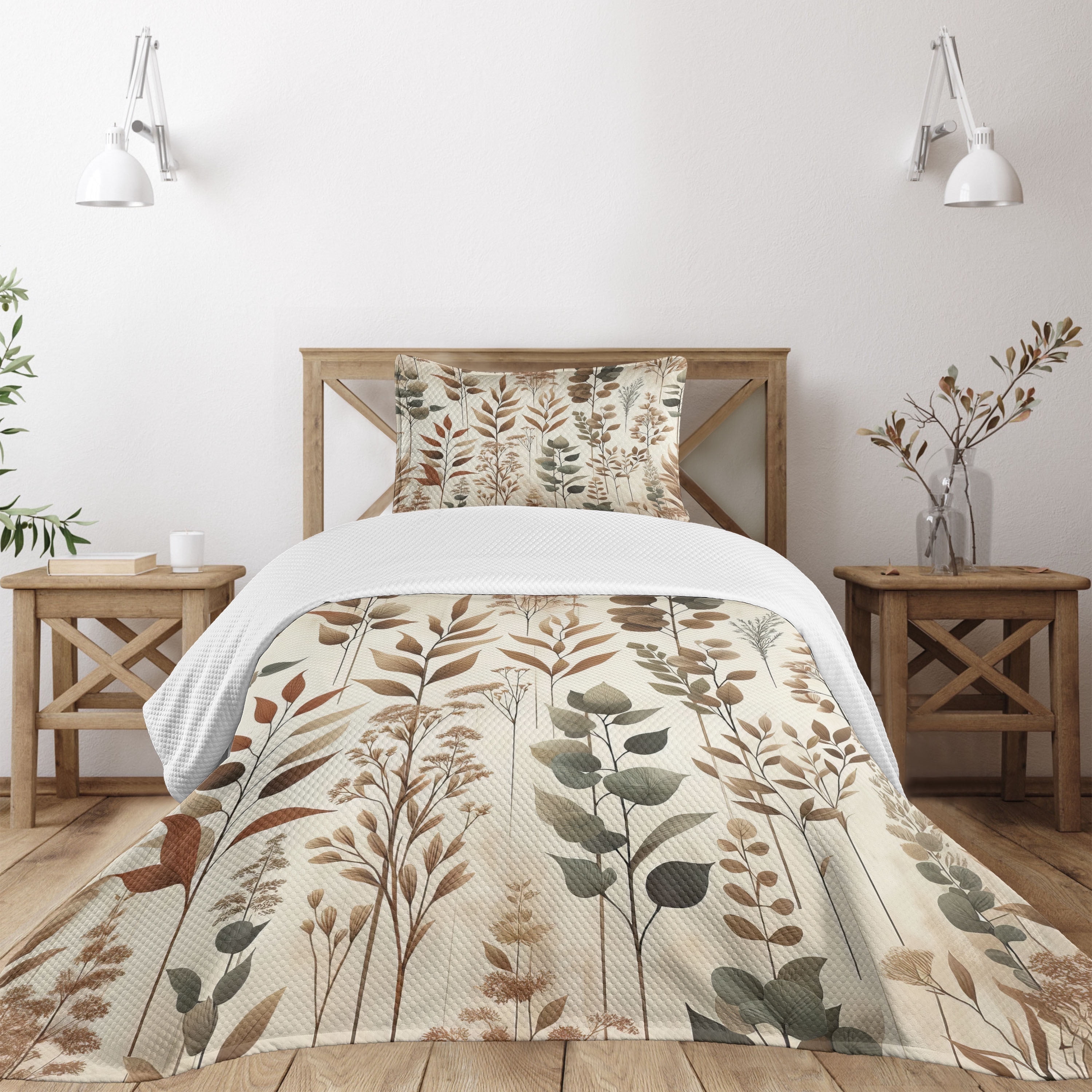 Gray Twin Quilted Bedspread Set with Botanical Print