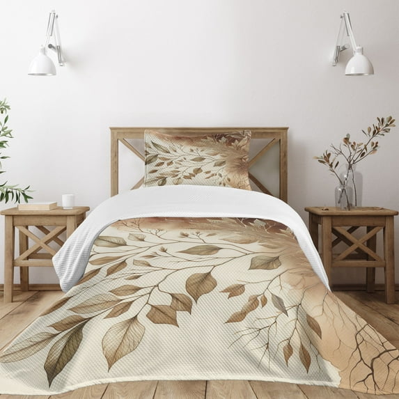 Ambesonne Brown Quilted Bedspread Set 2 Pcs, Watercolor Autumnal Branches, Twin Size, Cream Pale Caramel