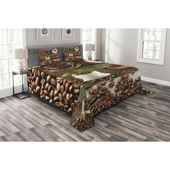 Ambesonne Brown Quilted Bedspread Set 3 Pcs, Coffee Beans and Bags, King Size, Brown Green