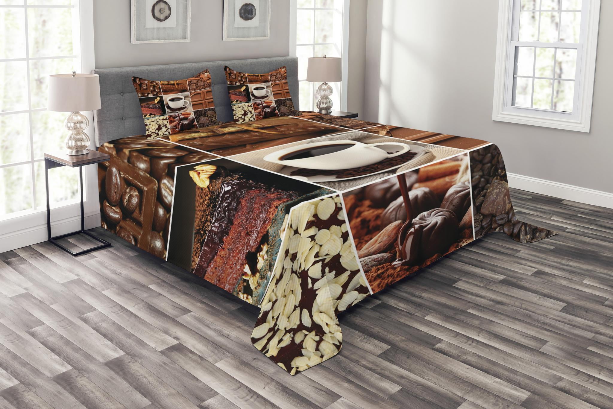 Ambesonne Brown Quilted Bedspread Set 3 Pcs, Coffee Chocolate Cocoa