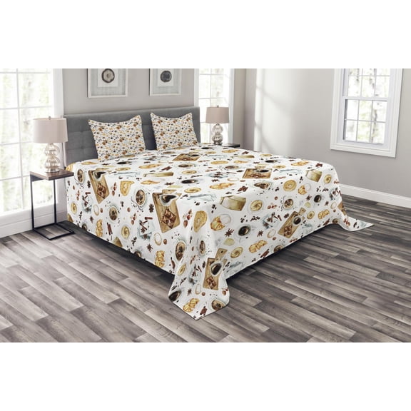 Ambesonne Brown Quilted Bedspread Set 3 Pcs, Croissant Bagels Coffee, King Size, Sand Brown White